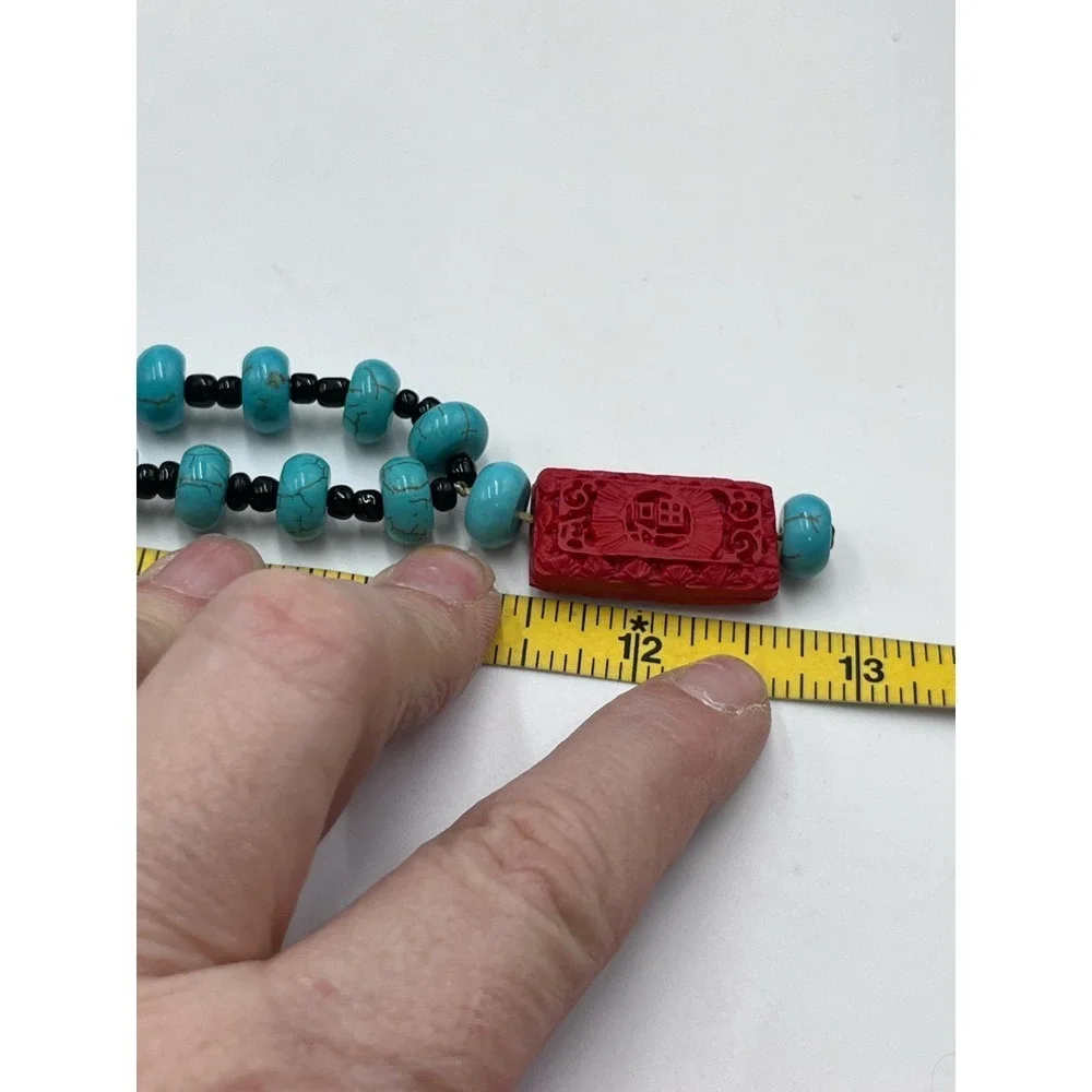 Blue Turquoise Beads and Red Cinnabar‎ Pendant Necklace